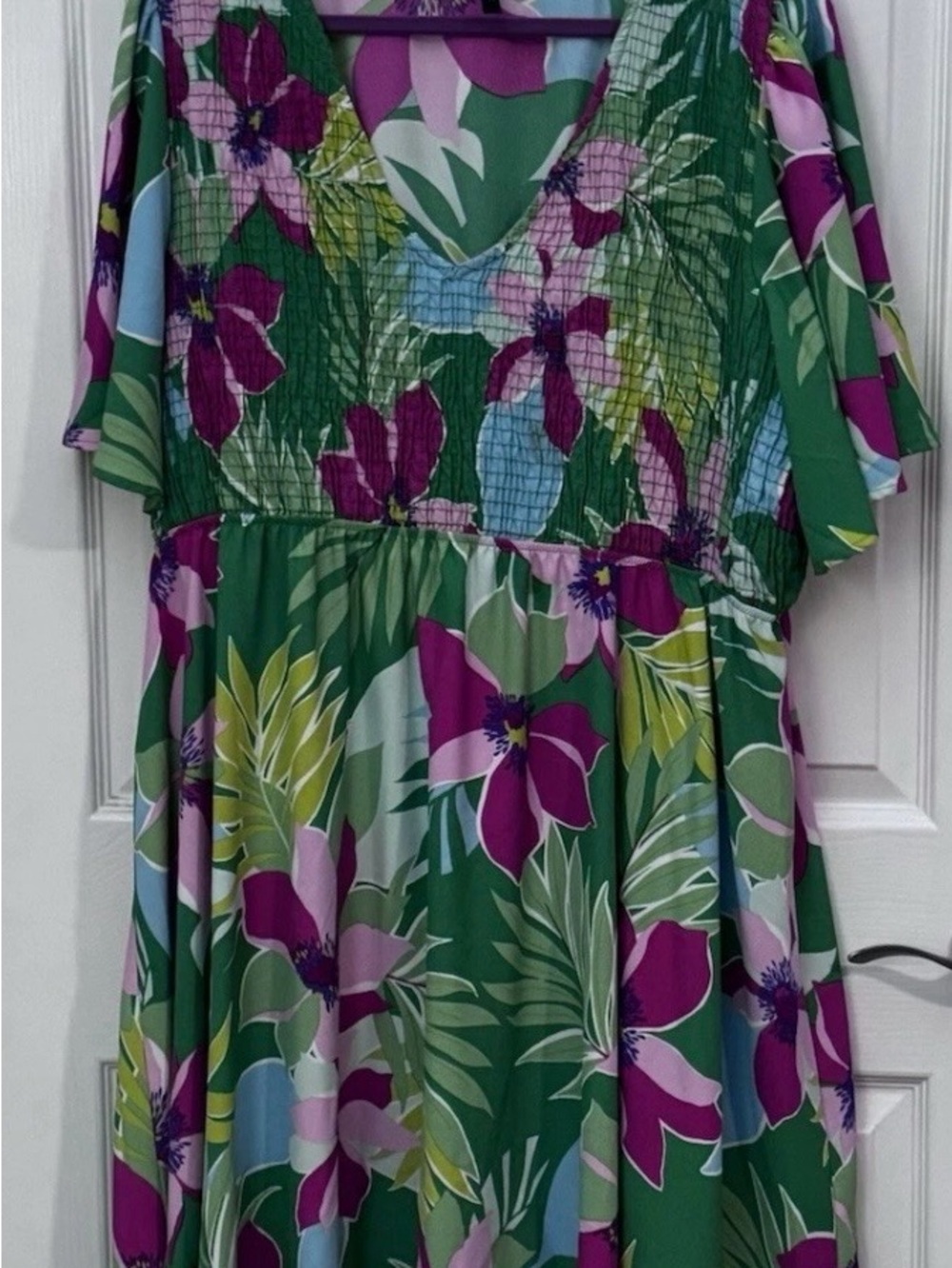 Glitzy Girlz Green Floral V-Neck Maxi Dress with Purple Blooms 5X